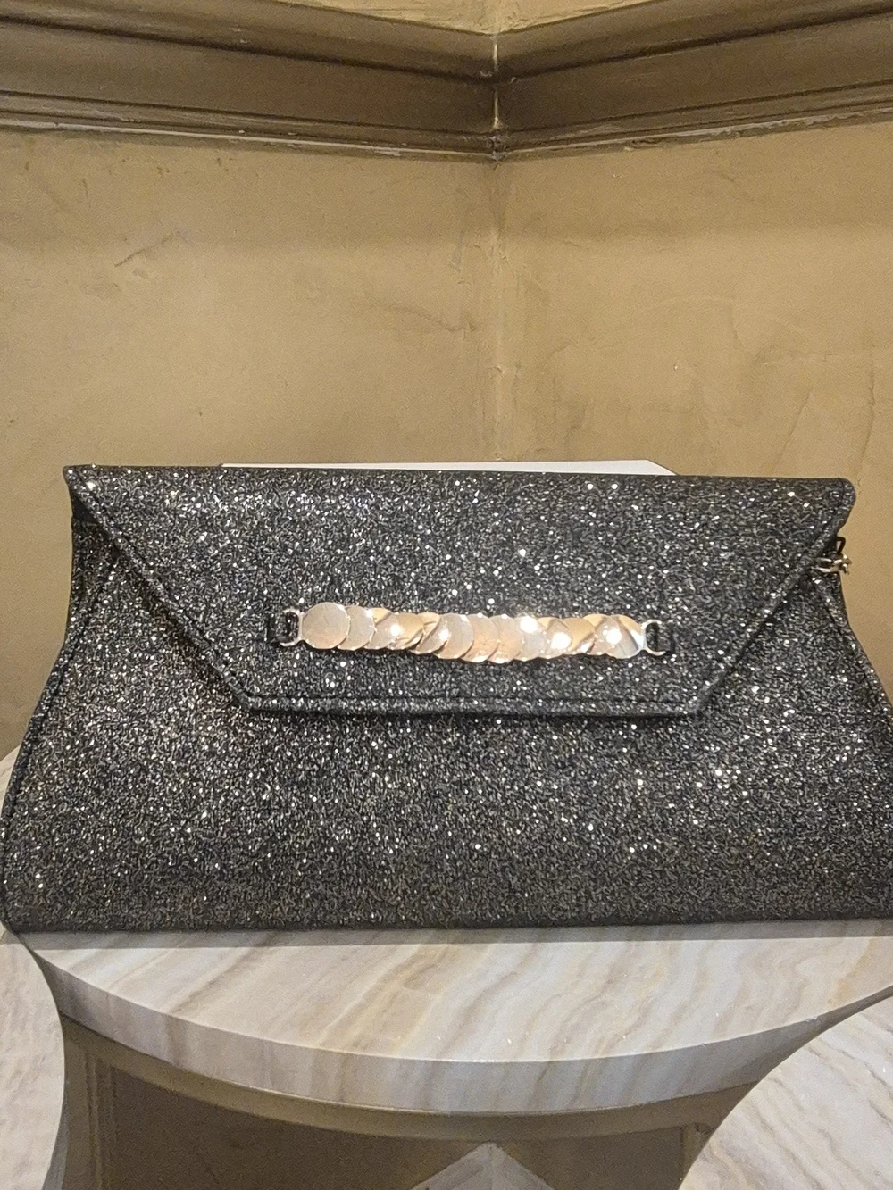kate spade Black Glitter Envelope Clutch with Gold Chain